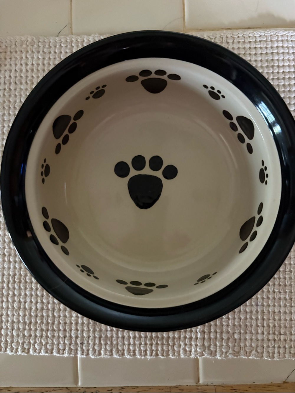 Ceramic Dog Bowl in Black and Cream with Paw Print